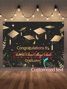 1 件可定制姓名 2025 届毕业生庆祝派对横幅，涤纶材质学士帽蓝/黑金/蓝金/绿图案摄影背景，个性化大学毕业横幅教室背景，家居和户外装饰用品，毕业典礼，派对装饰，三种尺寸可供选择