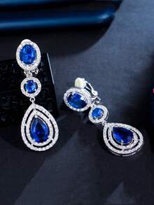 1 Pair Clip-On No Piercing Long Drop CZ Crystal Earrings, Silver Plated Red & Blue Cubic Zirconia Wedding Jewelry For Women, Brides, Bridesmaids, Engagement, Banquet, Pageant, Prom, Gift - 1 Pair Clip On Earrings - View 7