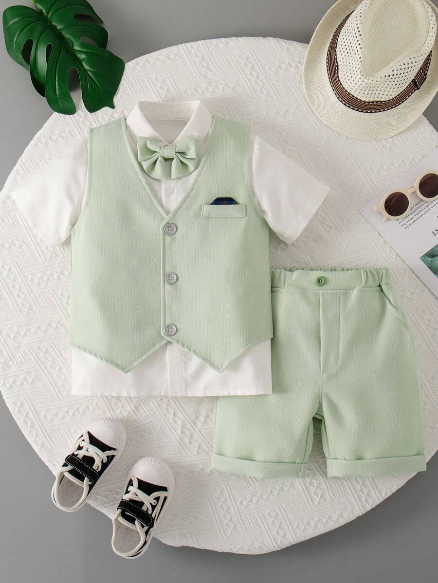 Bộ vest 3 món màu xanh hải quân/xanh lá cây/xám mới cho trẻ em: Áo sơ mi ngắn tay + Áo vest thắt nơ + Quần short, trang phục phù rể mùa hè cho bé trai, quà tặng phong cách quý ông cho bé trai.