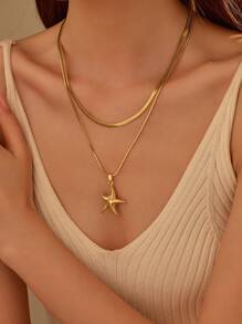 1pc Stainless Steel Gold Tone Double Layer Blade Chain Necklace With Starfish Pendant, Suitable For Women Beach Vacation Decoration