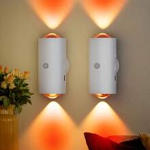 [2-Pack Magnetic LED Lights] 2pcs Dimmable Magnetic LED Motion Sensor Wall Lights, 15 Colors, Warm Amber Glow, USB/Battery Powered, Modern White Design, Suitable For Living Room, Bedroom, Hallway
