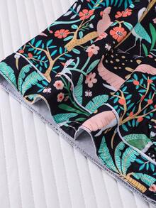 2 件花卉和鸟类印花女士睡衣套装，短袖衬衫，翻领纽扣和宽松松紧腰短裤，适合节日派对、睡衣、休闲户外家居服，撞色饰边设计 - 黑色 - 查看 8