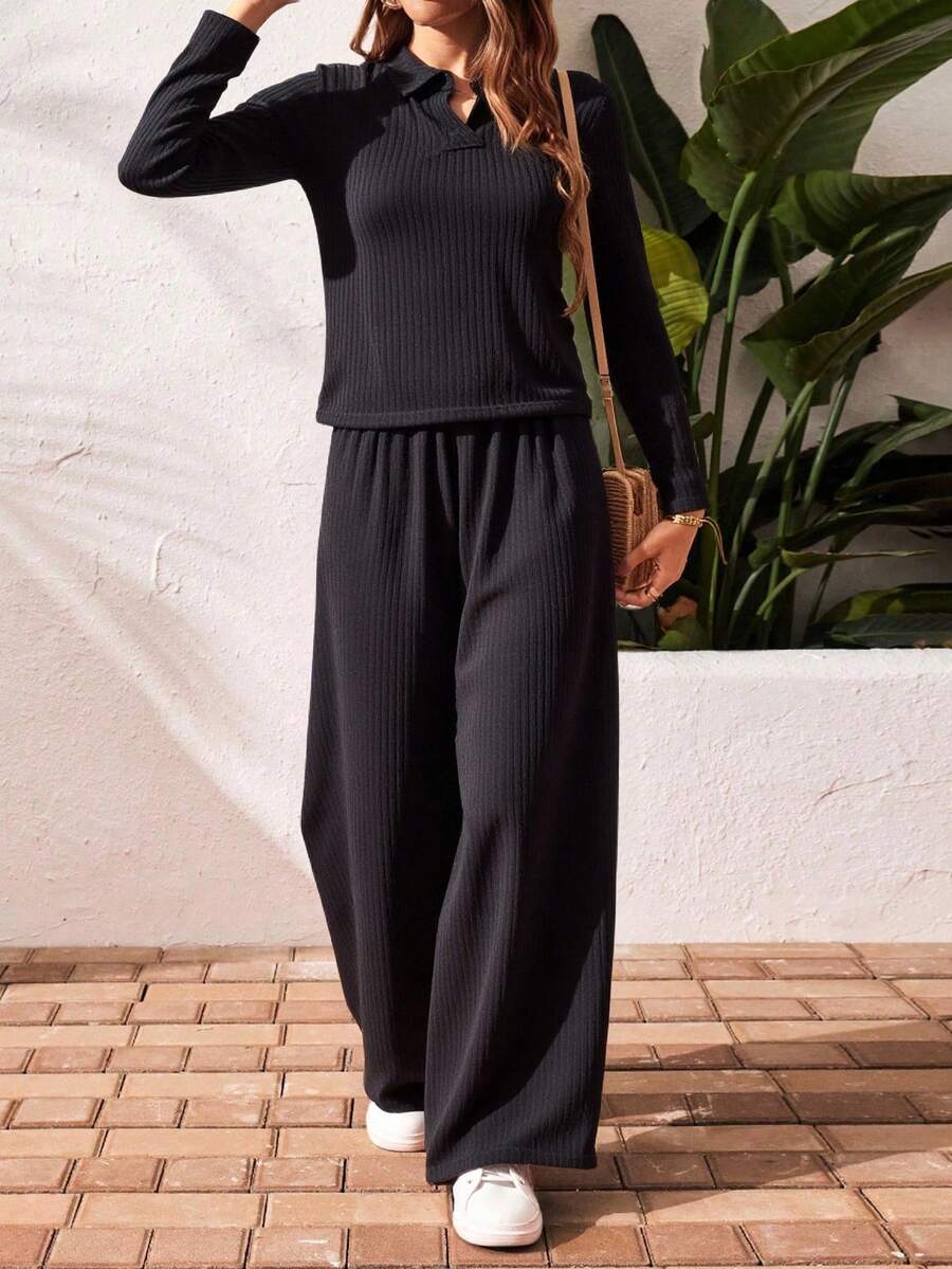 Conjunto mujer dos piezas tejido canalé top manga larga cuello polo pantalón palazzo tiro alto corte holgado diseño cómodo casual elegante color gris suave ideal para otoño invierno looks versátiles diarios - Negro - Ver 1