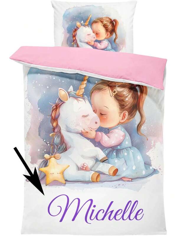 2 SZT. [Personalizacja Dream Unicorn] Dwuczęściowy zestaw artykułów do łóżka dla małej dziewczynki całującej jednorożca, 1 poszewka na kołdrę i 1 poszewka na poduszkę, wykonany z tkaniny poliestrowej z nadrukiem cyfrowym o wysokiej rozdzielczości, można dostosować do imienia córki, pokoju księżniczki i zestawu trzech części