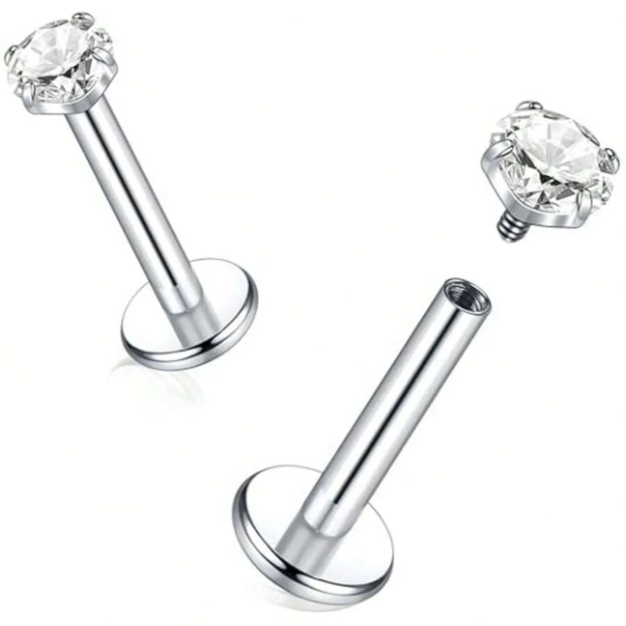 2 件不锈钢内螺纹唇钉耳钉穿孔饰品 CZ 软骨耳轮耳屏鼻耳环女士唇钉 - 銀色 - 查看 1