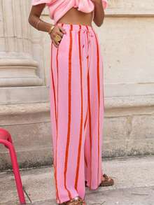 Striped Elasticated Waist Faux Drawstring Casual Pants For Daily Wear, Home, Travel And Commuting, Spring/Summer Pink - Pink - View 1