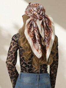 1 件女士米色复古花卉方形围巾，柔软缎面多功能夏季海滩度假头巾、头巾、母亲节礼物