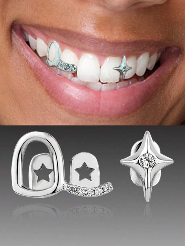 2 Peças Grill Dental Combinado em Forma de Uma Palavra Oca, Micro-Incrustada, Padrão de Estrela da Moda, Adequado para Uso Diário por Homens e Mulheres