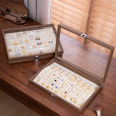 1pc Chinese Vintage Antique Finish Solid Wood Jewelry Box With Glass Lid & Snap Closure - Multi-Hooks Organizer For Necklaces - Elegant Desktop Storage Gift For Women, Wife, Girlfriend, Jewelry Display, Necklaces Holder, Classic Design, Construction, Jewelry Boxes