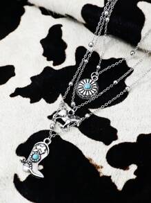 3 pièces de ensemble de colliers à chaîne avec motif floral de tête de taureau et de fer à cheval de style cowgirl occidental rétro turquoise (les chaînes sont prédécoupées par longueur, pas par nombre de perles)