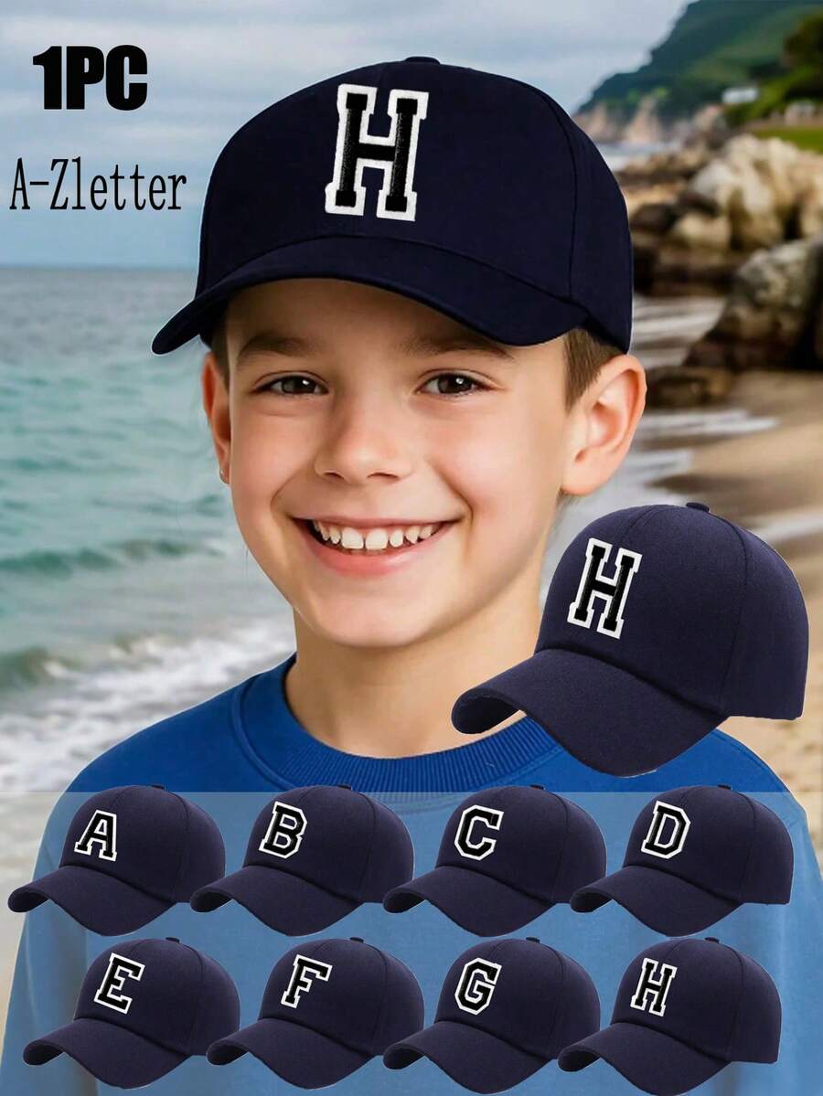 1 pieza Gorra de béisbol con letra A-Z para niños, gorra de sol de unicolor para niños y niñas, gorra de hip hop ajustable para bebés y niños pequeños - Azul Marino - Ver 1