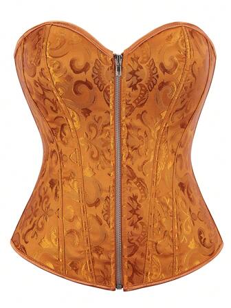 เสื้อคอร์เซ็ตลายดอกไม้แจ็คการ์ดเอวกระดูกสำหรับสตรีไซส์พลัส, เสื้อบัสเตอร์ซิปหลังไร้สายสำหรับงานปาร์ตี้