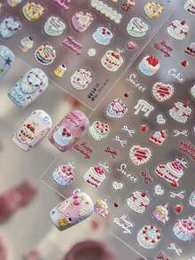 1张生日快乐主题美甲贴纸，蛋糕蜡烛图案，自粘式5D立体卡通贴纸，适合家庭美甲沙龙，女士DIY生日庆祝美甲用品，生日祝福美甲 - 彩色 - 查看 3