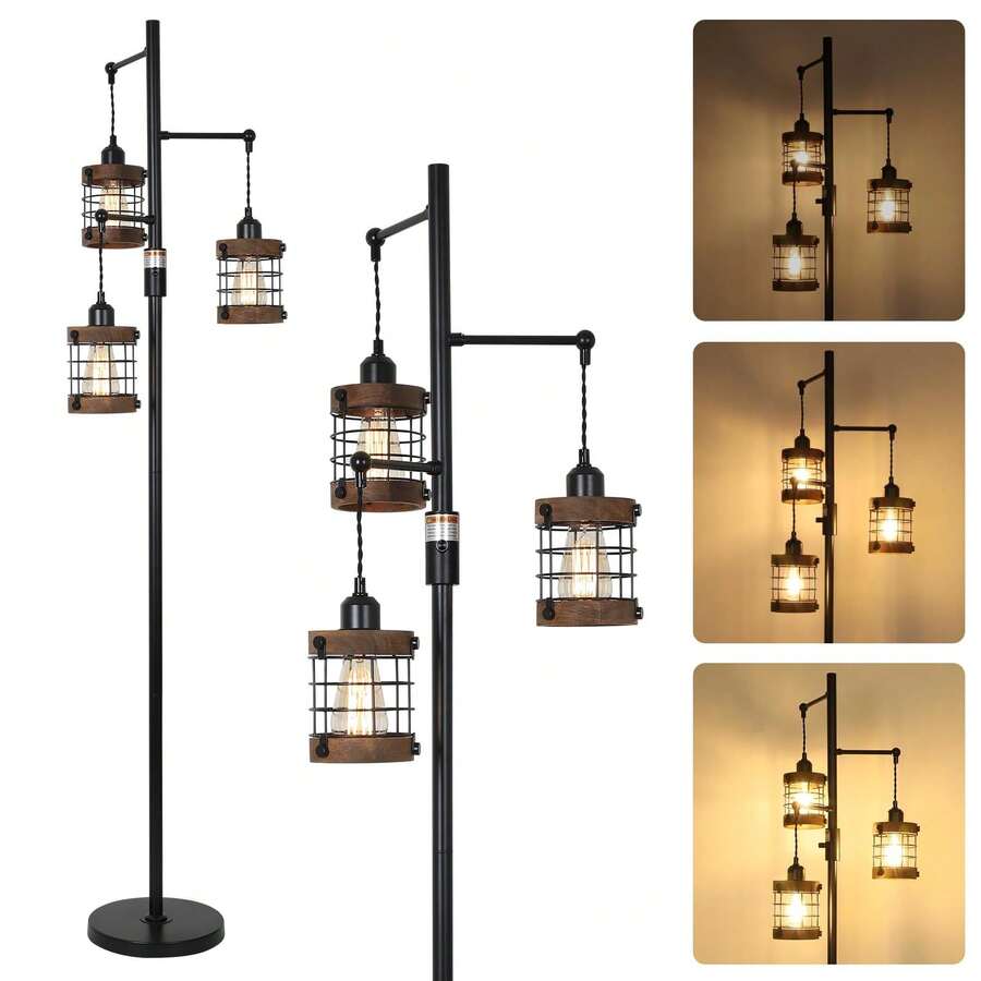 Dimmable Floor Lamps For Living Room, 3-Light Industrial Floor Lamp With Wood & Metal Cage, Farmhouse Standing Lamp Tall Tree Lamp For Bedroom Office, Rustic Black Tall Floor Lamp For Corner - 美規A型插(110-127V) - 查看 1
