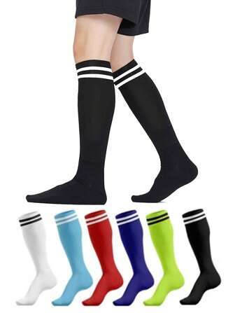 1 双儿童条纹过膝足球袜，透气长款运动袜，适合 8-14 岁男孩和女孩