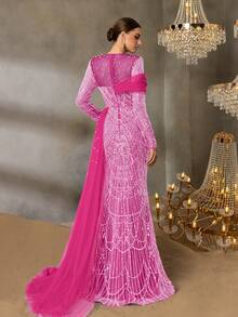 Faeriesty Vestido de noche elegante de lentejuelas y cuentas con diseño de sirena de Faeriesty, con tren asimétrico transparente y detalles en perlas - Perfecto para galas de alfombra roja, bodas de etiqueta negra, eventos de marcas de lujo y ceremonias de premios