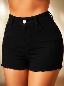Women's Vacation Style Pockets Distressed Frayed High Waist Denim Shorts Casual Black Summer - Black - View 3