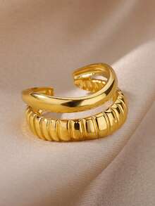 1 件时尚朋克风格编织几何双层空心不锈钢戒指，18K 镀金贝壳纹理双层设计，男女通用，适合日常佩戴，送给朋友的礼物
