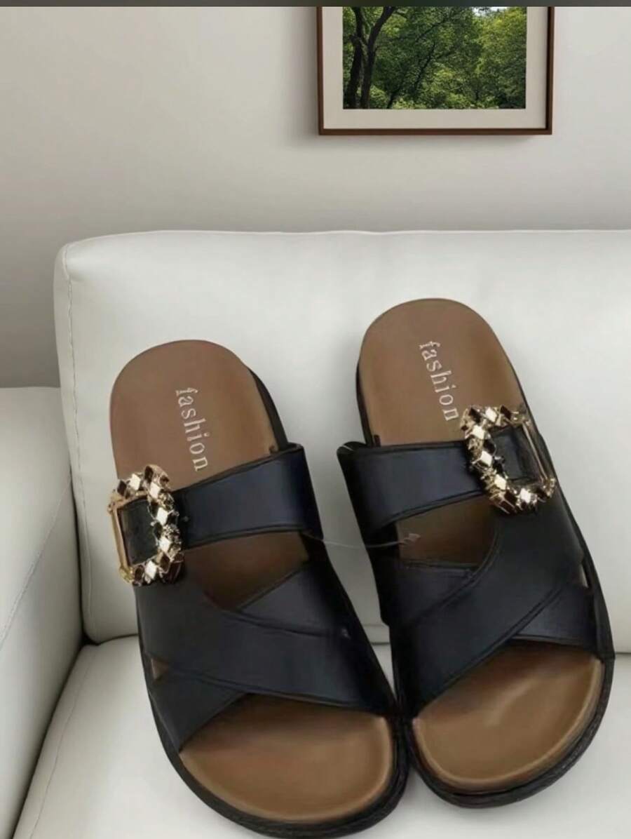 Birkenstocks de suela gruesa para mujer, nuevos zapatos de verano informales, versátiles, con punta abierta y doble hebilla, para playa, para descansar, zapatillas para exteriores - Negro - Ver 1