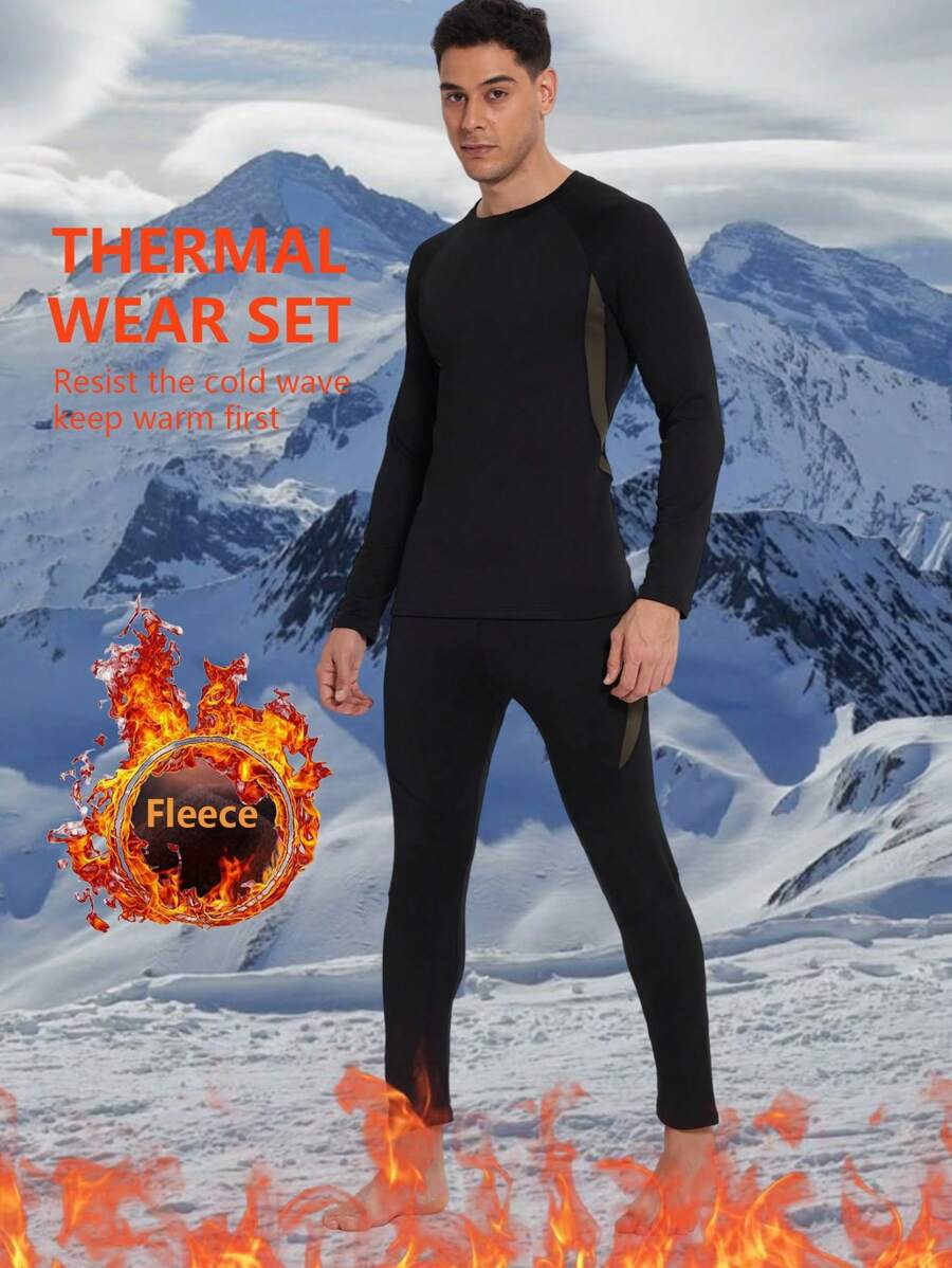 Men's Patchwork Thermal Lined Warm Suit, Autumn/Winter Outdoor Sports Running Fitness Thermal Skiing Base Layer Underwear Set