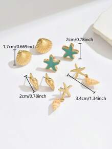3 Pairs Women Vintage Ocean Themed Seahorse, Starfish, Shell Stud Earring Set, Suitable For Beach & Holiday Wear