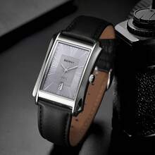 BERNY Men's Genuine Leather Strap Business Dress Watch-Minimalist Easy-To-Read Dial,Columnar Hour Markers,Vintage Trapezoidal Case,Date Window,30M Water-Resistant Quartz Watch For Office & Formal Events - 銀色 - 查看 1