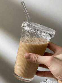1 380ML Striped Coffee Cup, Heat-Resistant Lid Straw Glass Cup, Iced Coffee Cup, Drinking Cup, Summer And Winter Drinking Ware, Restaurant Glass Cup, Milk Cup, Iced Coffee And Juice Cup, Home, School, Office, Portable Water Bottle And Cup For Car Travel