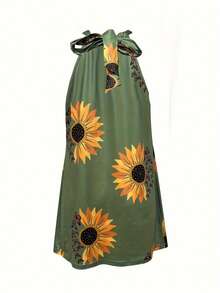 2025欧美新款夏季女式休闲连衣裙向日葵蝴蝶印花镂空设计无袖沙滩度假吊带背心裙 - 綠色 - 查看 8