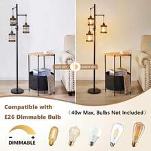 Dimmable Floor Lamps For Living Room, 3-Light Industrial Floor Lamp With Wood & Metal Cage, Farmhouse Standing Lamp Tall Tree Lamp For Bedroom Office, Rustic Black Tall Floor Lamp For Corner - 美規A型插(110-127V) - 查看 3