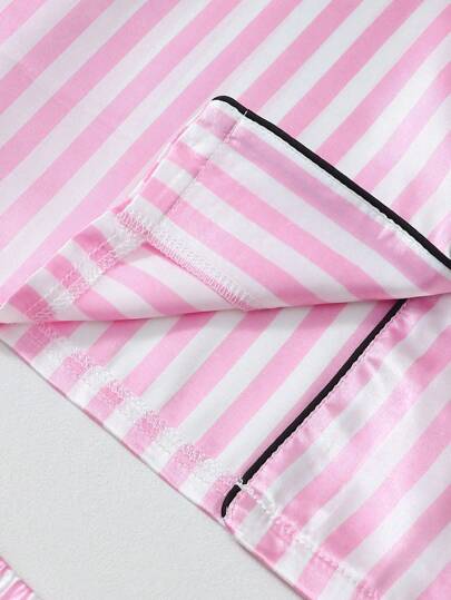 Satijnen Women Pajama Set, Short Sleeve Top, Shorts Pants, Loose Sleepwear Com Tafel Home Outdoor, Roze view 10