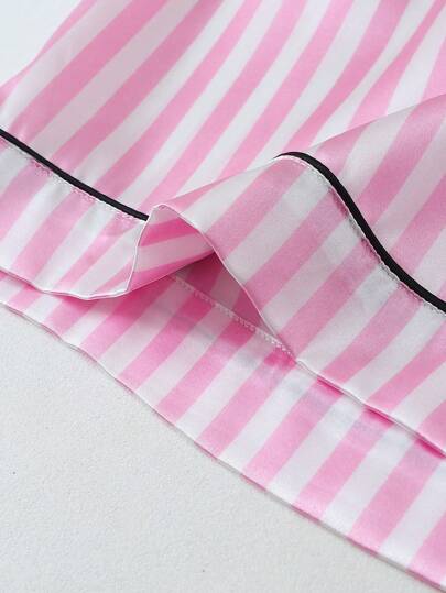 Satijnen Women Pajama Set, Short Sleeve Top, Shorts Pants, Loose Sleepwear Com Tafel Home Outdoor, Roze view 9