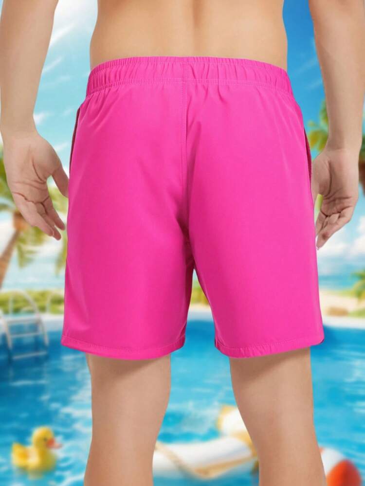Men's Solid Color Drawstring Waist Beach Shorts, Minimalist Vacation Design,Hawaiian - Hot Pink - View 2