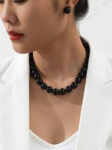 1 Set Retro Resort Style Luxury Black Faux Pearl Beaded Earrings And Necklace Jewelry Set For Ladies, Suitable For Balls And Parties