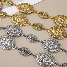 Corrente de Cintura de Metal Prateado Fashionable & Versátil para Mulheres com Incrustação de Pedra Esculpida em Flor, Cinto de Corrente Vintage Gravado, Acessório