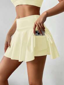 High Waist White Tennis Skort, 2 In 1 Anti-Flashing Golf/Badminton/Fitness Shorts Skirt With Pockets, Summer Sports Skirt Leggings For Yoga, Outdoor Running, New Women Clothing - Butter Yellow - View 6