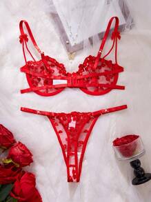 ROMWE Kawaii Women's Embroidered Mesh Underwire Sexy Lingerie Set - Red - View 2