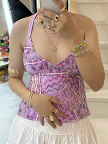 Women Y2k Summer Halter Sequin Tops Backless Tie Backless Crop Tank Tops Sparkly Graphic Print Camisole Deep V Neck Slim Fit Going Out Tops Clubwear Vintage Streetwear Aesthetic Clothes - 紫色 - 查看 7