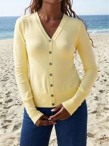 GIGOGOU Women's Casual Solid Color Knit Cardigan, Spring/Autumn - Yellow - View 5