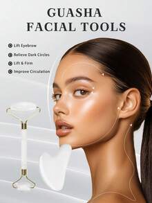 面部美容按摩工具套装，包含滚轮、按摩板、背部刮痧板，粉色和白色可选 - 彩色 - 查看 2