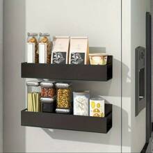1/2pcs Set Magnetic Side Storage Rack, Suitable For Refrigerator And Washing Machine - No Drilling Required, Fashionable Black Metal Face, Wall-Mounted Spice Organizer, Perfect For Laundry Essentials