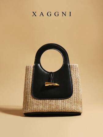 1pc XAGGNI Unique Vacation-Style PU Leather Patchwork Handbag, French Vintage Braided Bag, Versatile For Daily Commute, Fashionable Business Casual, Travel, Beach Wedding, Picnic, Holiday, Perfect Gift For Women, Moms, Teachers, Friends, Bridesmaids