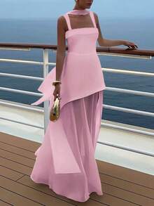 Women's Summer Solid Color Chiffon Patchwork Dress With Waist Tie Sash - Pink - View 4