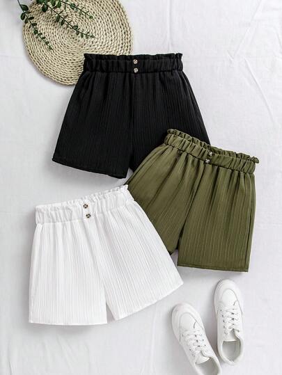 3pcs Girls Casual Solid Color Button Decorated Shorts, Summer