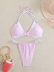 女士夏季海滩度假风纯色拼布格子性感露背系带圆环比基尼套装