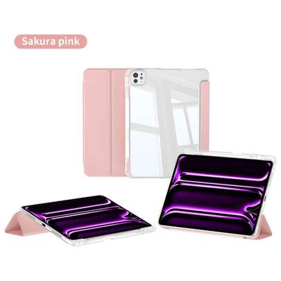 Pink Solid Color Basic Pad Case 1pc Transparent 3-Fold Protective Case, Ultra-Thin Stand Shock-Proof Pencil Slot, Compatible With Apple Mini 4/5/6, 9.7/10.2/10.5 Inch, Air 4/5/6/7, 10th/11th Gen, Pro 11 Inch, Air 11(M2), Air 13 And Pro 11(M4) Models. Transparent Back Cover, High Transmittance, Customizable Spring Birthday Gift