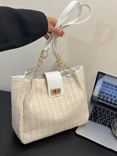 حقيبة تسوق كبيرة السعة ملونة بلوكات ذات مظهر كاجوال أنيق للنساء