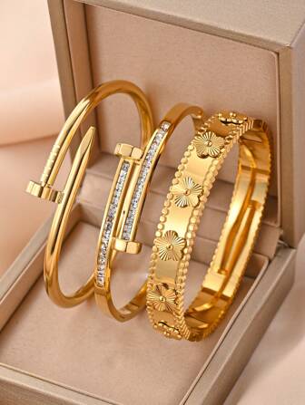 3 件/套 18K 金色金属四叶花和三叶草不锈钢手链，多层镶嵌水钻手镯，适合日常佩戴、休闲、送给爱人、朋友、亲戚、派对、海滩、婚礼、音乐节的礼物