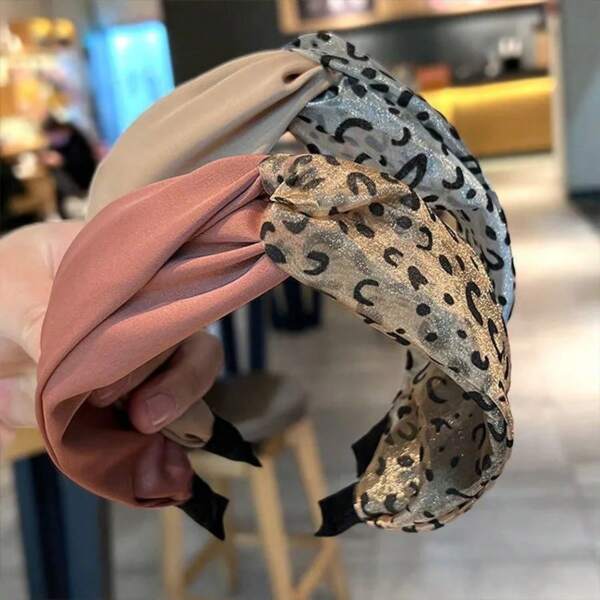 1 Piece Of Korean-Style Vintage Hair Accessory, Wide-Edge Transparent Leopard Print Net Fabric, Stitched And Crossed Headband, Suitable For Various Occasions For Face Washing And Hair Styling.