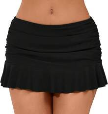 Halcurt Women's Low Waisted Ruched Ruffle Swim Skirts With Hipster Bikini Bottoms Tummy Control Swimsuit - Black/Ruched - View 1