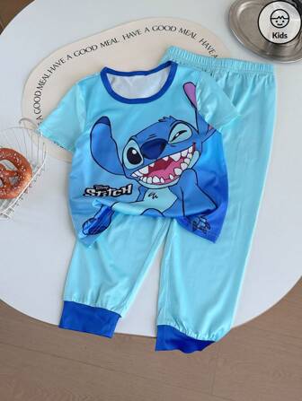 Disney 2pcs Kids Stitch Cartoon Graphic Short Sleeve Tee & Pants Pajama Set